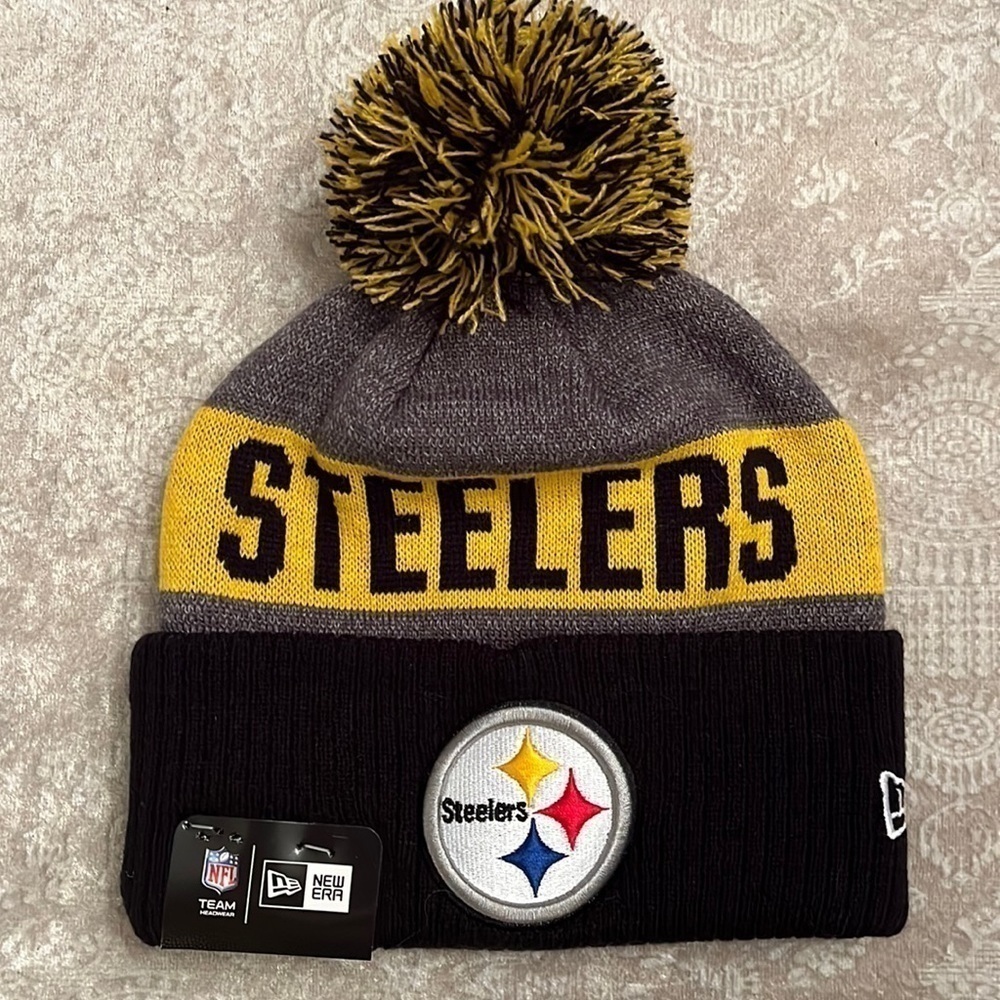 Brand New Pittsburgh Steelers New Era Knit Beanie Pom Hat Winter Black Gray NFL
